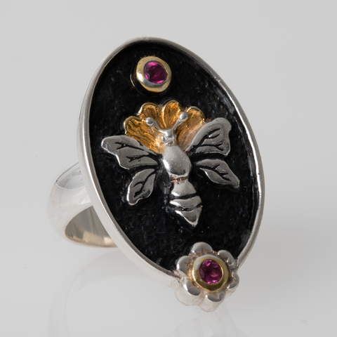 Sterling Silver Bee and Flower with 18k Gold Plate accent Ring