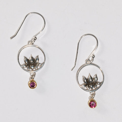 Sterling Silver Small Circle with Lotus and Dangling Gem Earring