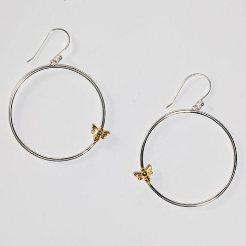 Sterling Silver Bee with 18k Gold Plate accent Hoop Earring