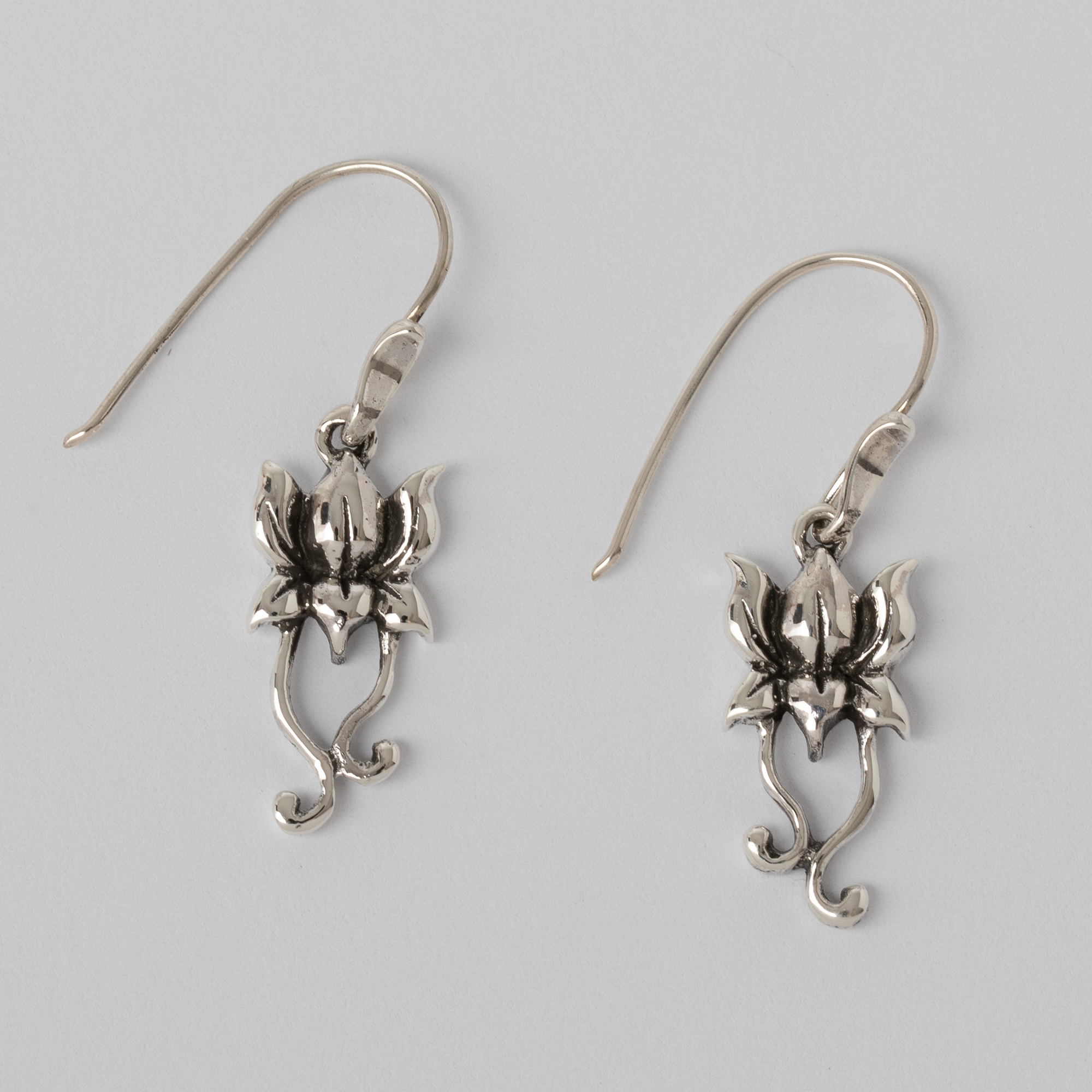 Sterling Silver Lotus Flower with Dangling Roots Earring