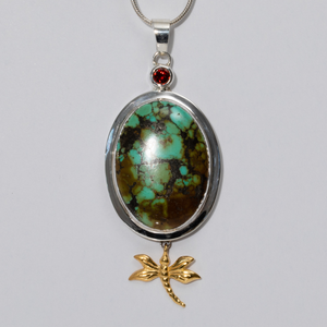 Sterling Silver Large Turquoise with 18k Gold Plated Dragon Fly Pendant
