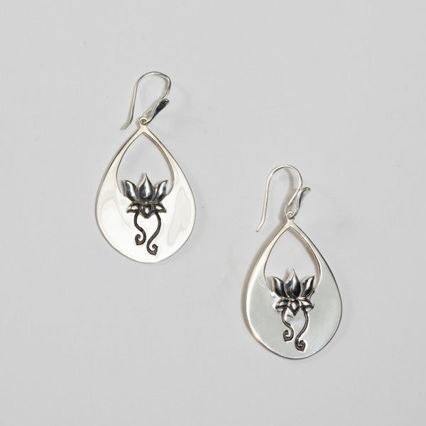 Sterling Silver Teardrop Lotus Earring (also available with 18k Gold Plate)