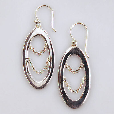 Sterling Silver Modern Oval with Drop Chains Earring