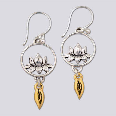 Sterling Silver Lotus in Circle with 18k Gold Plate accent Dangling Leaf Earring