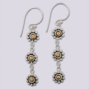 Sterling Silver with 18k Gold Plate accent Dangling Flowers Earring
