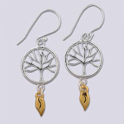 Sterling Silver Tree of Life with 18k Gold Plate accent Dangling Leaf Earring