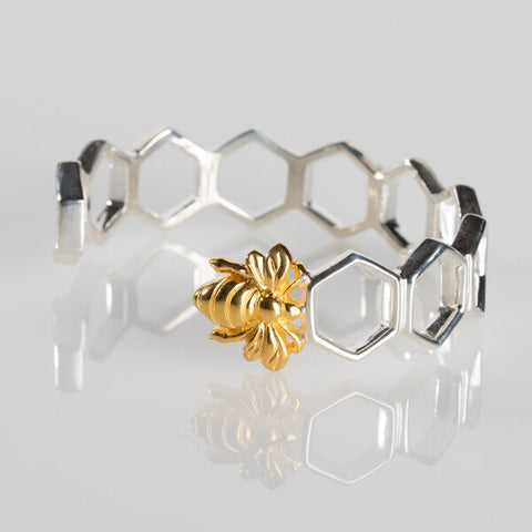 Sterling Silver Open Hexagon Bee Cuff Bracelet
