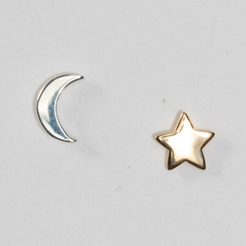 Sterling Silver Moon and 18k Gold Plate Star Stud Earrings