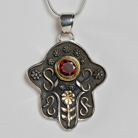 Sterling Silver Large Hamsa with 18k Gold Plate accents Pendant