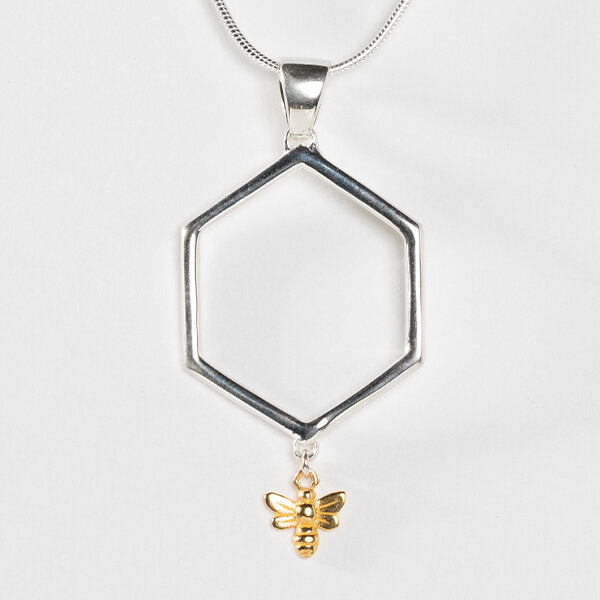Sterling Silver Open Hexagon Bee with 18k Gold Plate accent Necklace