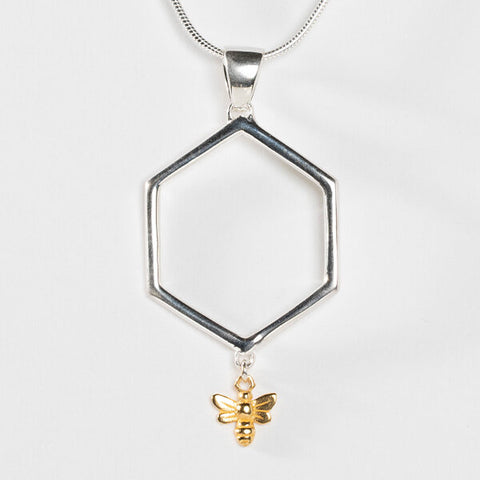 Sterling Silver Open Hexagon Bee with 18k Gold Plate accent Necklace