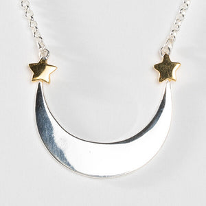 Sterling Silver Crescent and Stars with 18k Gold Plate Necklace
