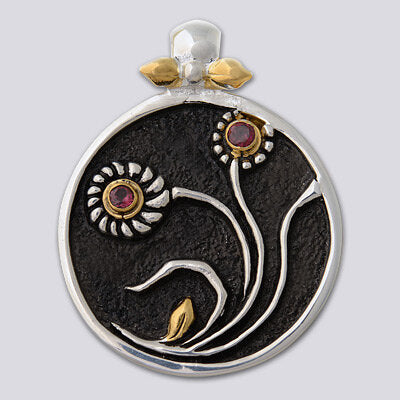 Sterling Silver Round Floral with 18k Gold Plate accent Pendant