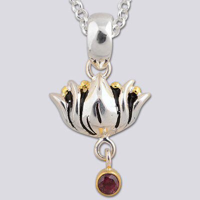 Sterling Silver Lotus with Dangling Gem and 18k Gold Plate accent Necklace