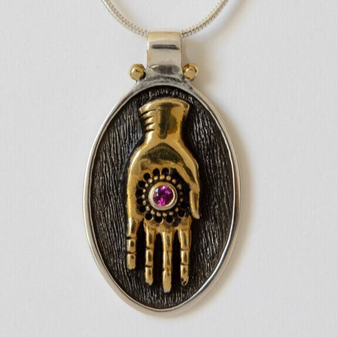 Sterling Silver Hand of Fatima with 18k Gold Plate accent Pendant
