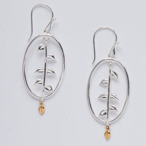 Sterling Silver Oval Leaf with 18k Gold Plate accent Earring
